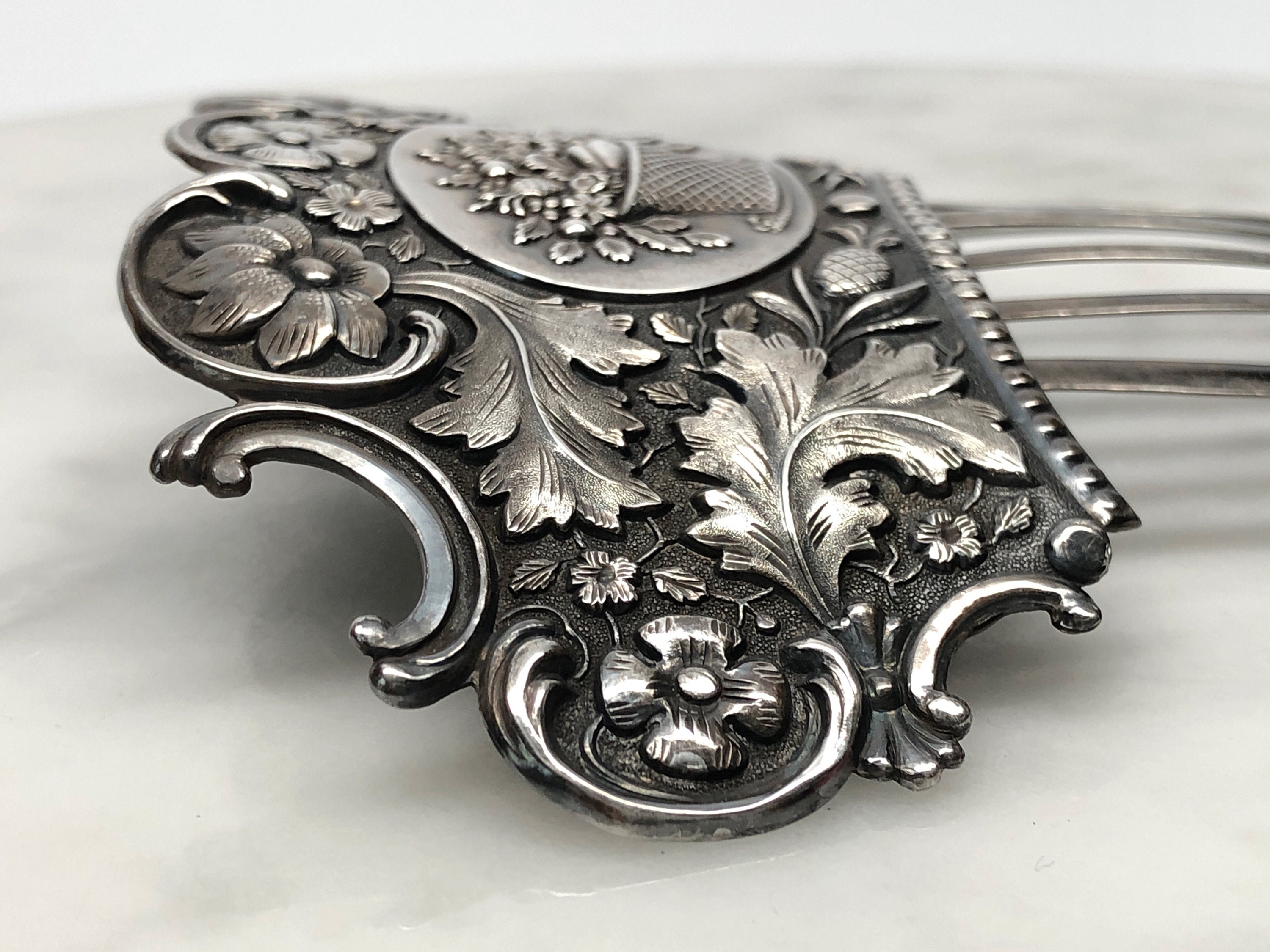 Antique Victorian Sterling Silver Tested Hair Comb Pick Engraved Floral Fan Top Sterling Silver Hair Comb Victorian - Etsy main image 4