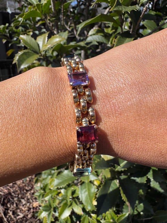 14K Solid Gold Rectangle Multicolor Stone Panther… - image 3