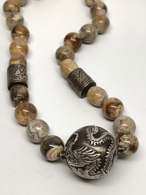 Chinese Dragon Bead Necklace, Brown Agate, Birds #