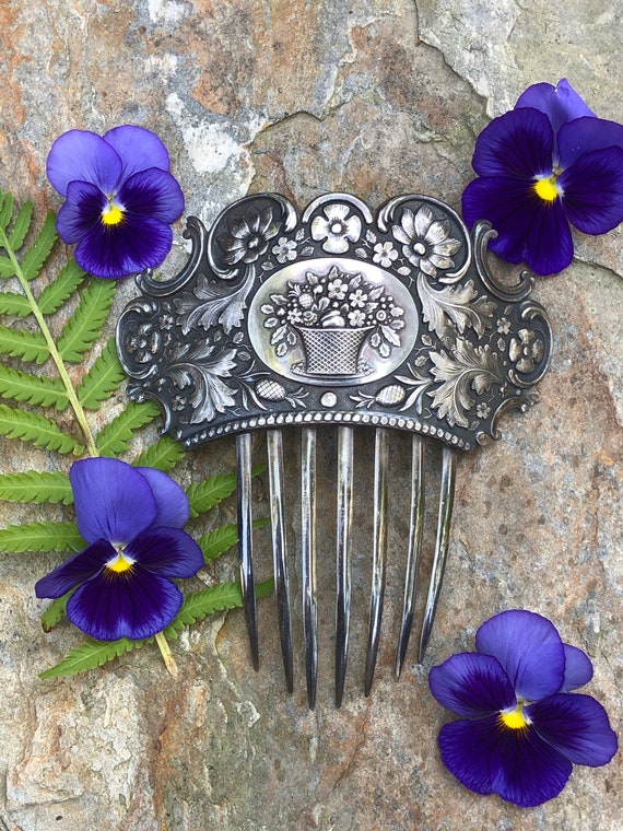 Victorian Silver Hair Comb, Fruit Basket, Floral, Antique  display picture 3