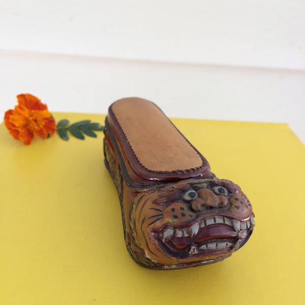 Antique Snuff Box Chinese Tiger Shoe Shape, Carved Painted Wood