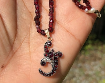 14K Garnet and Pearl Necklace, Victorian, Garnet Leaf Pendant in Silver, 15 inches. #NE990