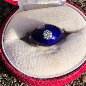 18K Blue Enamel Dome Ring with Prong Set Diamond, Italy, .23 carat, 8.1 grams. Size 5.75, fits like 5.25-5.5. #RI1106