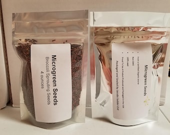 May include: Two clear plastic bags containing brown microgreen seeds. The bag on the left is labeled "Microgreen Seeds Broccoli Sprouting Seeds 4 ounces". The bag on the right is labeled "Microgreen Seeds From a Certified Organic source Non-GMO 100% seed Proud To Say A Product Produced and Packaged in the USA Packaged and Sealed by Jacobs ladder Ent"