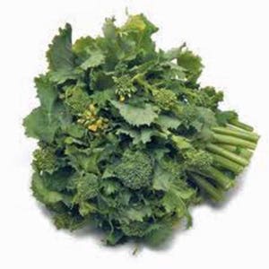 May include: A bunch of fresh green broccoli rabe with stems and leaves.