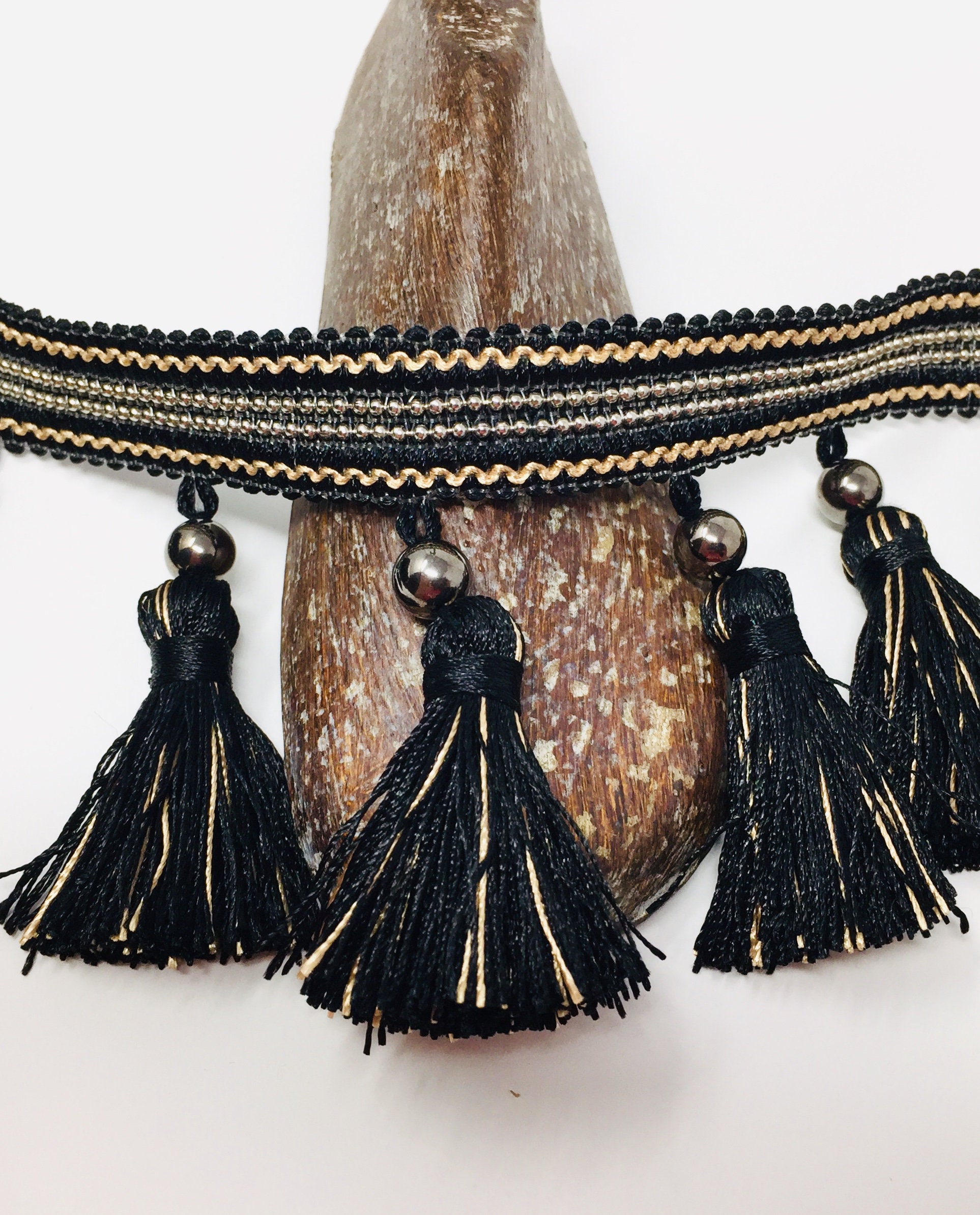 3 1/2 Black/silver Bead Accent Tassel Fringe Trim Etsy