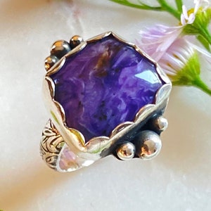 Luxe Purple Charoite Floral Band Sterling Silver Ring