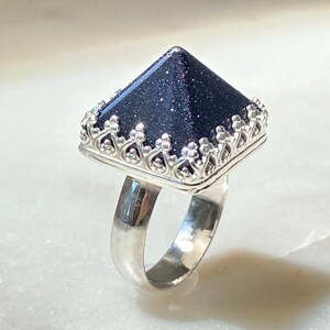 Blue Goldstone Pyramid Sterling Silver Ring