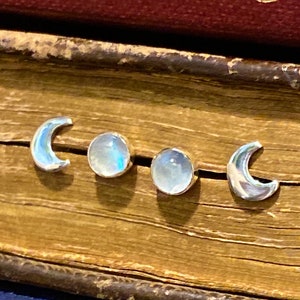 Crescent Moon & Moonstone * Sterling Silver Stud Earrings Set