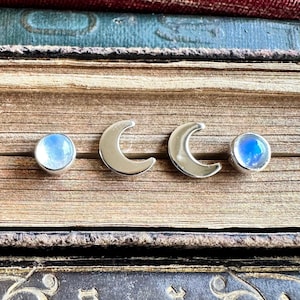 Crescent Moon & Moonstone Sterling Silver Stud Earrings Set