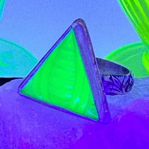 Uranium Glass Triangle Sterling Silver Ring UV Glow Vintage Czech Glass Cabochon