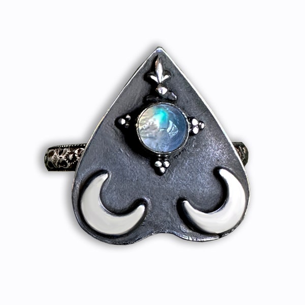 Ouija Board Moonstone Planchette Anello in argento sterling con pietra da 5 mm