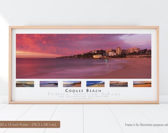 Coogee Beach Poster - 30 x 15 inch, White Border, Red Sunrise Dawn, Aerial, Ready to Frame, Unframed Poster Print, Eastern Beaches Sydney