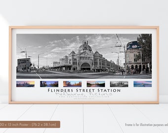 Flinders Street Station Poster - 30 x 15 inch, Melbourne Train Station, Black and White, Ready to Frame, Unframed Poster Print, Wall Poster