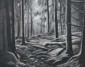Charcoal Forest Landscape Print, Spooky Dark Wood Artwork, 8x10 Toned Paper