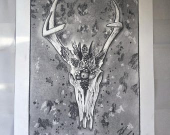Whitetail Deer Skull Art Print | 5x7 Graphite Drawing | Woodland Cottagecore Decor | Rustic Nature Wall Art | Forest Home Gift