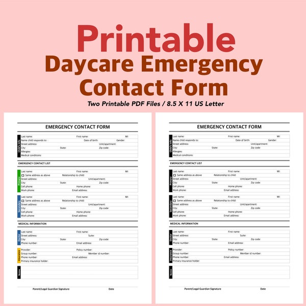 Daycare Emergency Contact List. Emergency Contact Form. Printable PDF