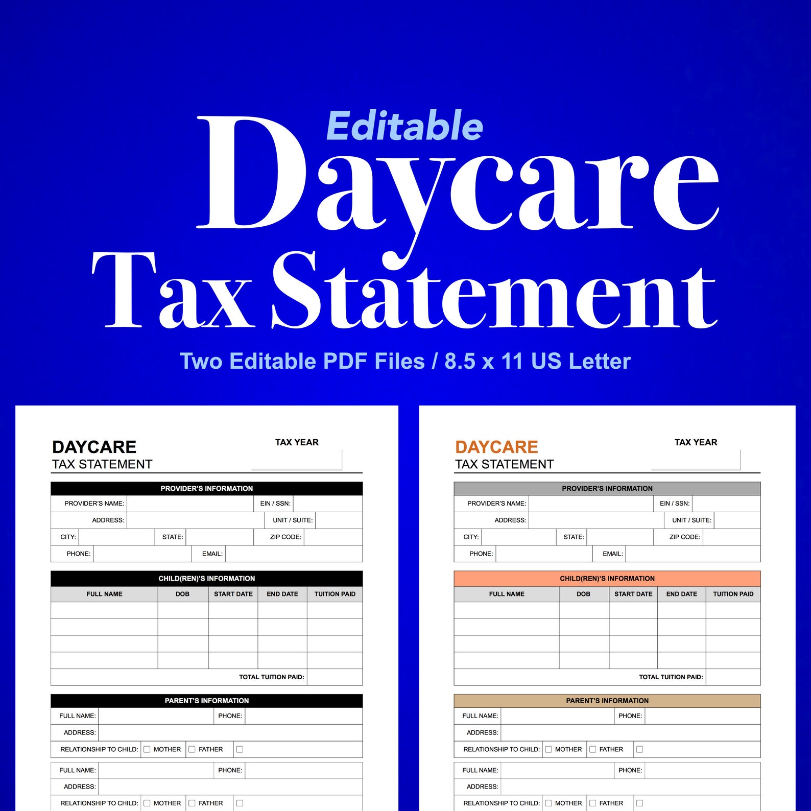 Editable Daycare Tax Statement Form. Daycare Tax Receipt. Daycare Tax