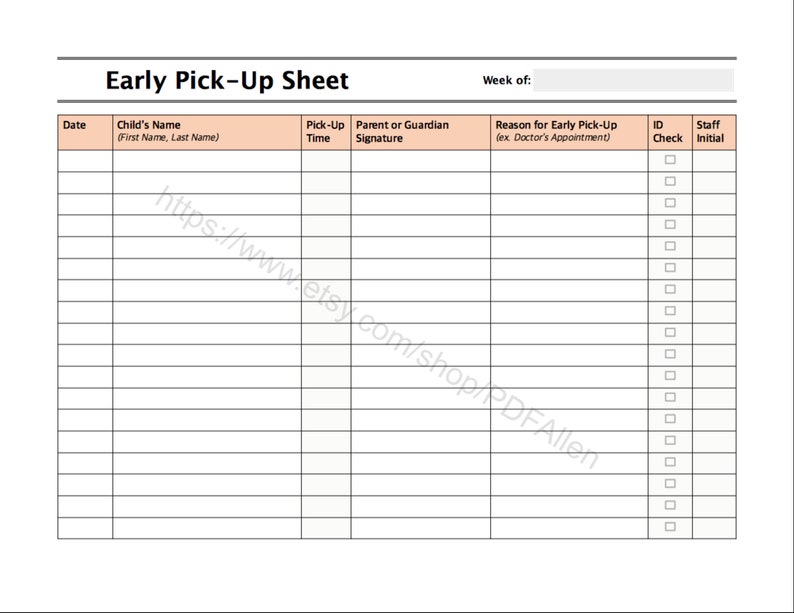 Early Pick Up Note Example Editable Daycare Sign In/out Sheet. Daycare Early Pick-up Sheet ...
