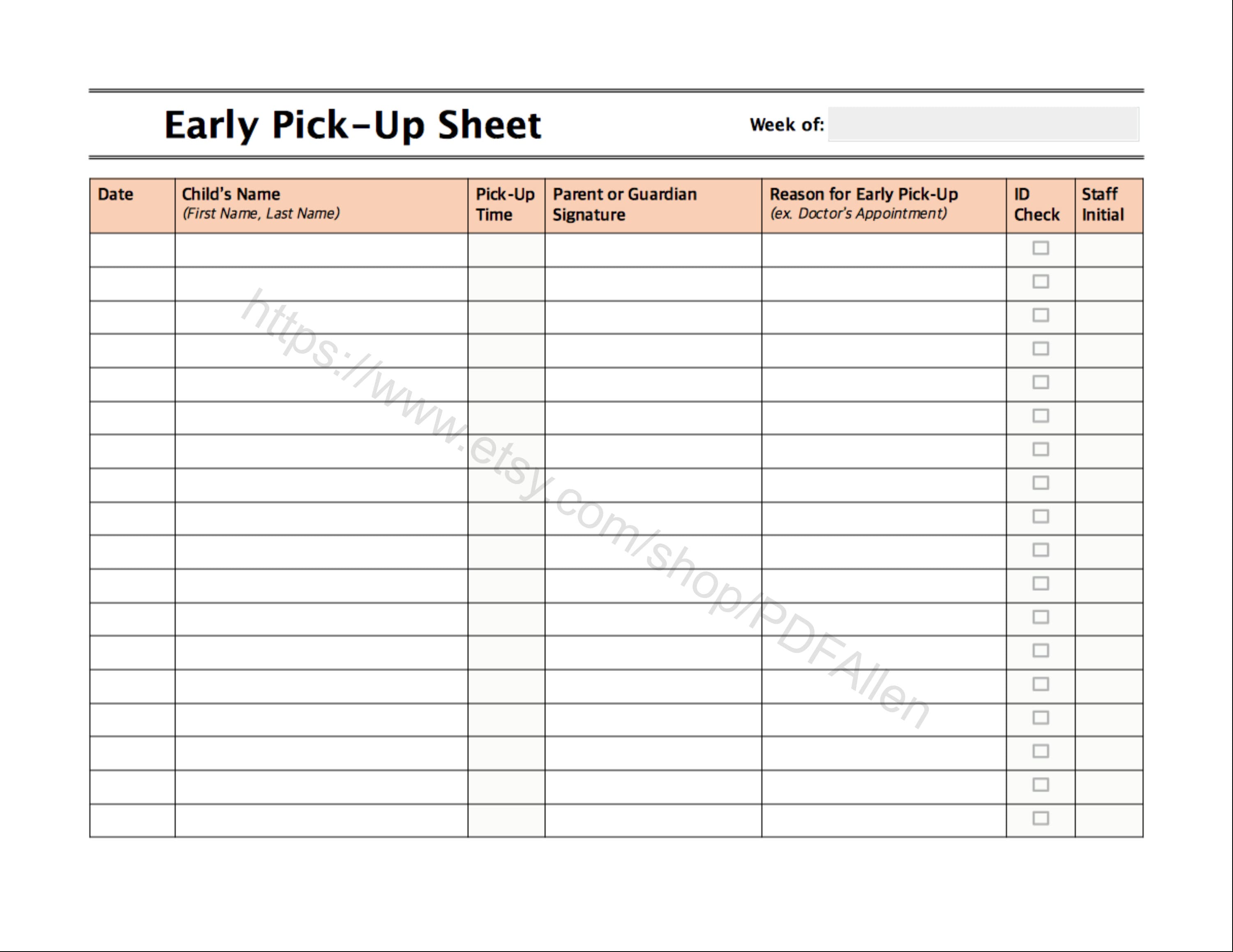 Editable Daycare Sign In/out Sheet. Daycare Early Pick-up Sheet ...