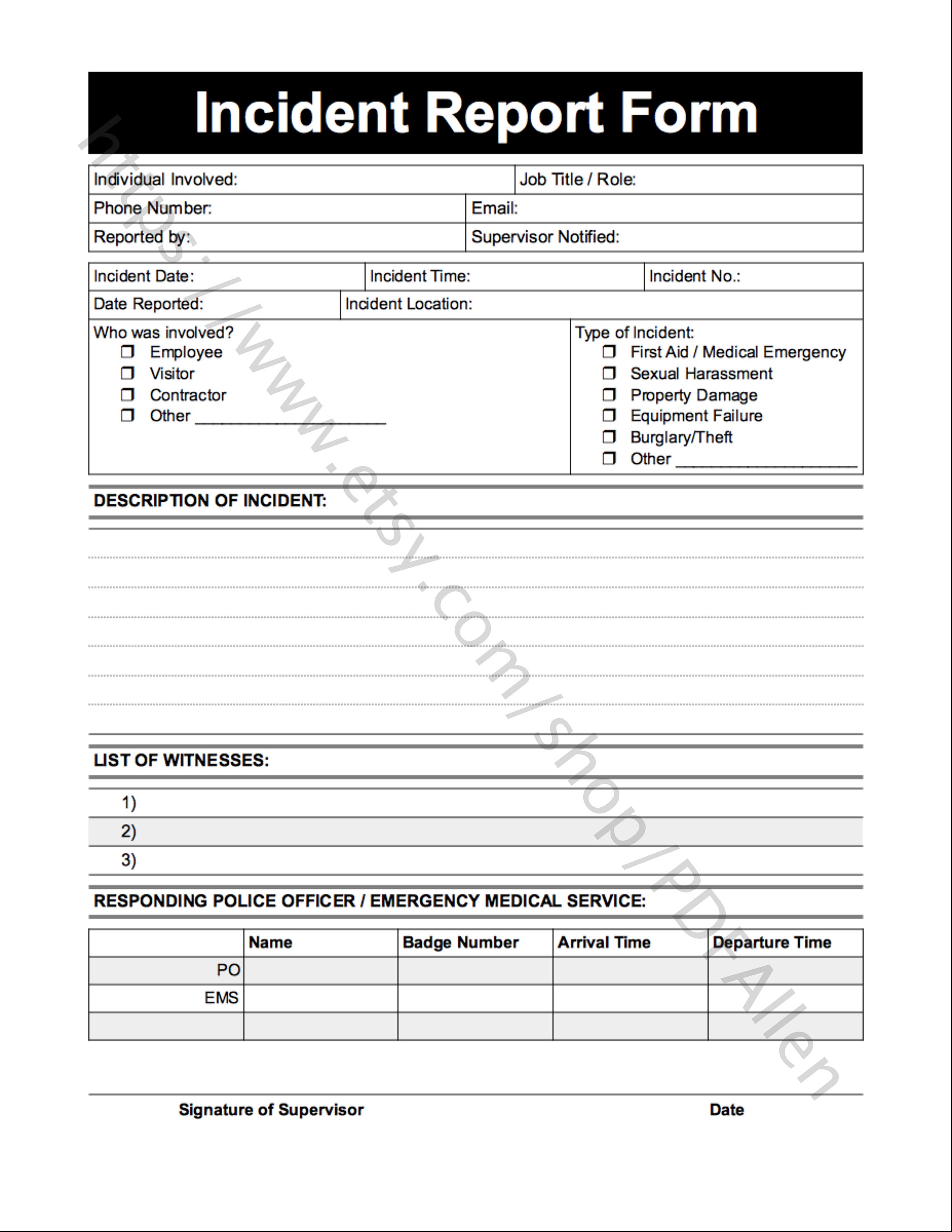 Incident Report Form Employee Incident Reporting Accident Report Etsy Incident Report Form Employee Incident Reporting Accident Report Etsy