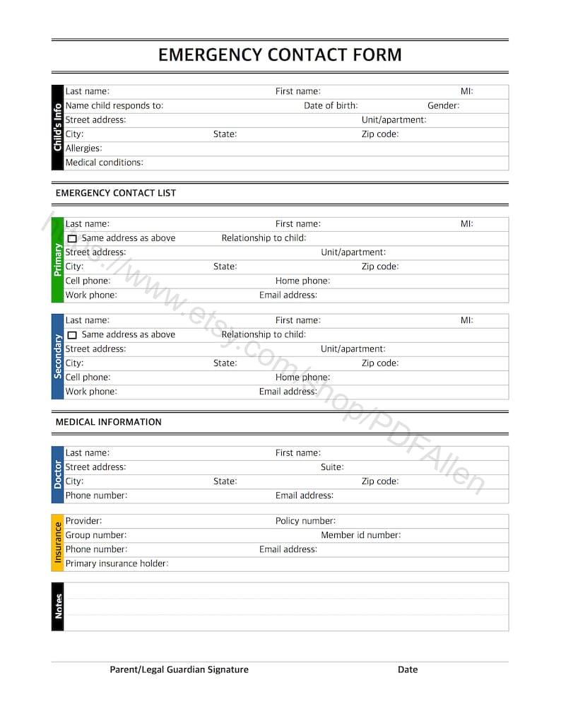 Daycare Emergency Contact List. Emergency Contact Form. Printable PDF