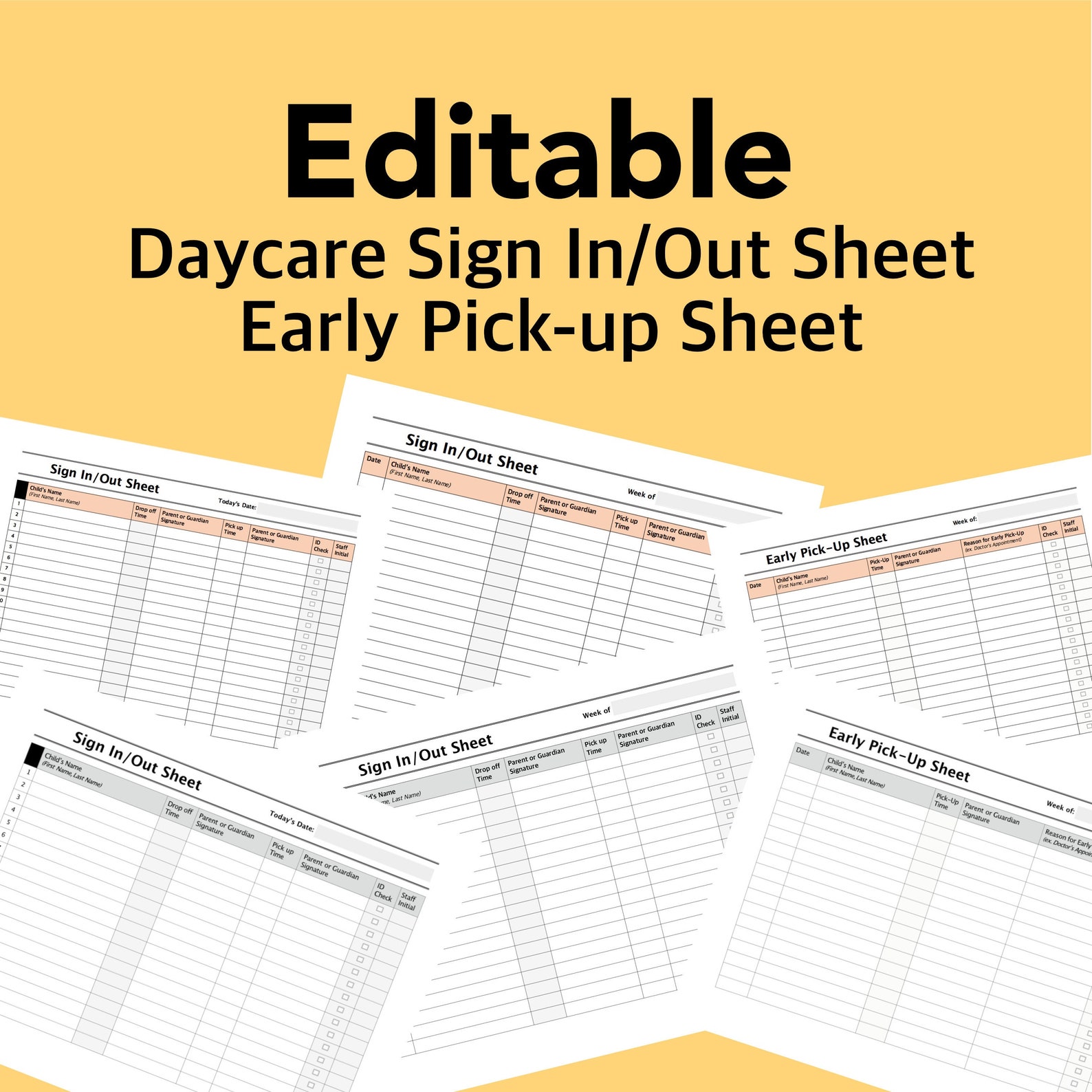 Editable Daycare Sign In/out Sheet. Daycare Early Pickup Etsy