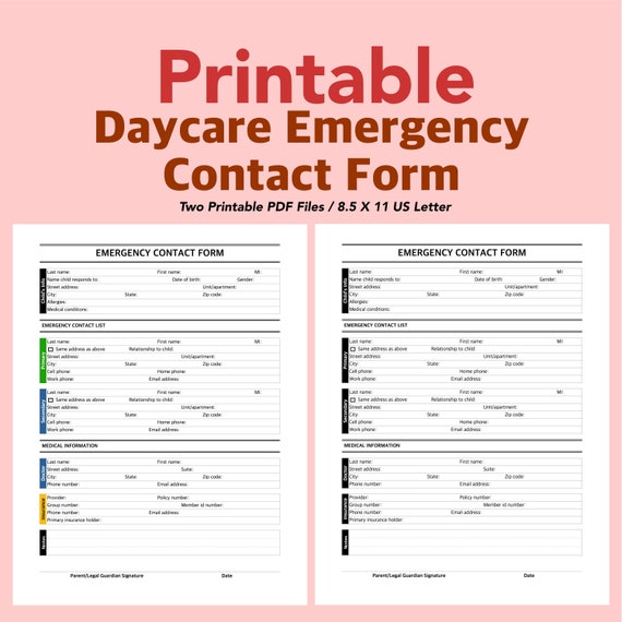 Daycare Emergency Contact List. Emergency Contact Form. Printable PDF