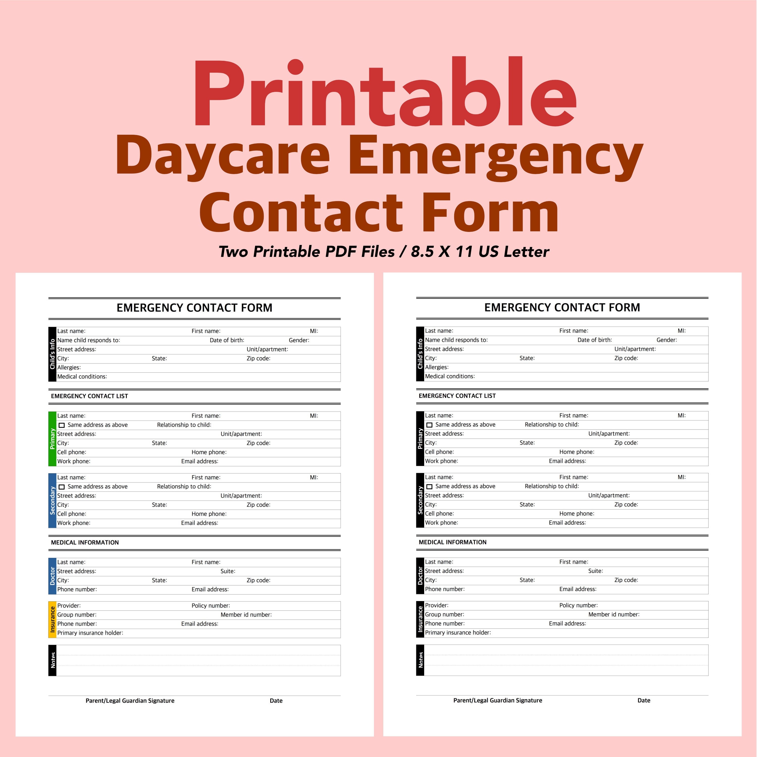 daycare emergency contact list. emergency contact form. printable