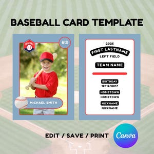 Modello per carta da gioco da baseball, carta da baseball personalizzabile, carta da baseball fai da te, modello Canva, regalo di squadra, regalo ricordo di un giocatore di baseball
