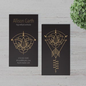 Puede incluir: Dos tarjetas de visita negras con letras doradas y un diseño de flor de loto geométrico. El texto de la tarjeta dice "Allison Garth, Yoga, Mystic, Healer, 410.832.4545, Allisan@mystic.com, mysticreader.com".