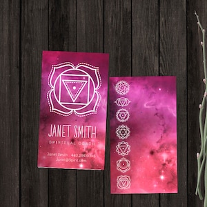 Spiritueel visitekaartje, sjabloon, chakra, roze, genezer, yoga, meditatie, symbolen, new age, kosmisch, afdrukbaar