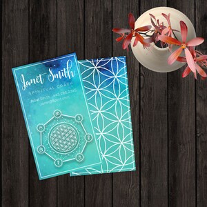 Spirituelle Visitenkarte, Vorlage, blau, Heiler, Chakra, Yoga, Meditation, Heilige Geometrie, Symbole, New Age, kosmisch, printable