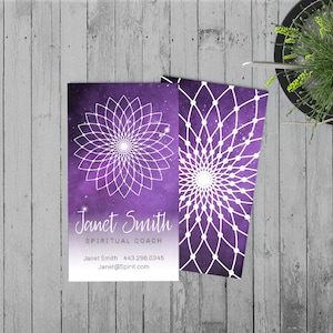 Visitekaartje, Spiritueel, metafysisch, Mandala, Chakra, paars, Reiki, Genezer, Kosmische Heilige Geometrie sjamaan, massage New age, spa