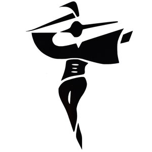 May include: Black and white silhouette of a stylized dancer with arms outstretched and a long flowing skirt.