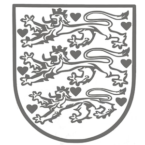 May include: A grey and white shield design featuring three heraldic lions passant, each with a crown, and three hearts. The lions are in a walking pose, with their front paws raised. The shield has a grey border.