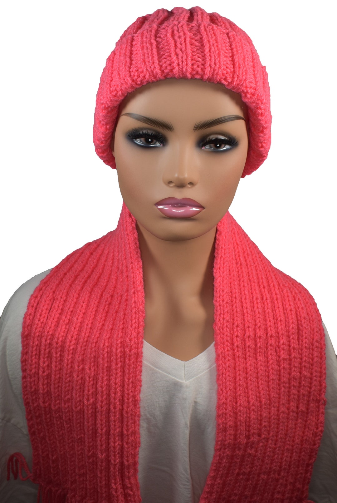 Hand-knit Beanie Hat and Short Scarf Combo OSFA Winter Hat 