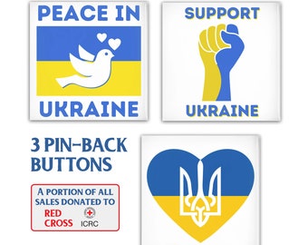 Support Ukraine Buttons, Pin-Back Buttons, Assorted Ukraine Buttons, Ukraine Buttons PACK OF 3