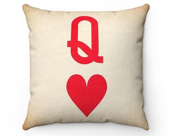 Queen of Hearts Pillow, Faux Suede Square Pillow, Vintage Design