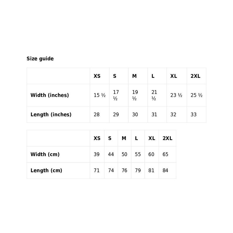 Op de afbeelding: Maattabel voor kleding in inches en centimeters. De maten XS, S, M, L, XL en 2XL worden weergegeven met de bijbehorende breedte- en lengtematen.