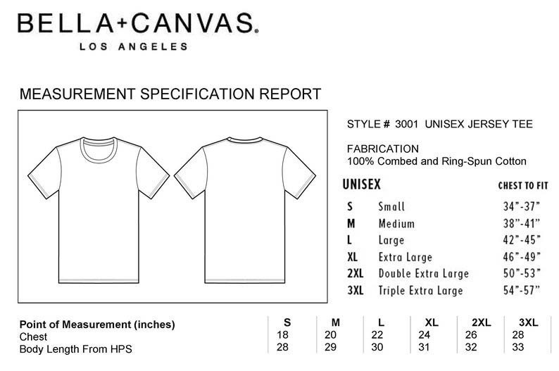 May include: A size chart for a unisex jersey tee shirt. The chart shows the chest to fit measurements in inches for sizes small, medium, large, extra large, double extra large, and triple extra large. The chart also shows the chest and body length measurements in inches for each size.