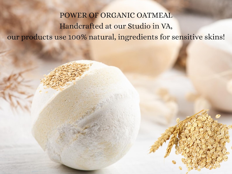 May include: A close-up of a white and beige bath bomb with oatmeal flakes on top. The text "POWER OF ORGANIC OATMEAL" is visible, along with other text. A pile of oatmeal and wheat stalks are in the foreground. The bath bomb is for sensitive skin.