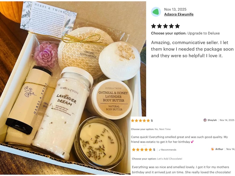 May include: A gift box filled with self-care products, including a jar labeled "Lavender Dream", a loofah sponge, a bath bomb, and a candle. The box also contains a body butter and two tubes of lotion. The products are arranged in a white box.