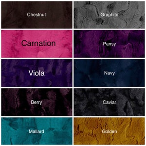 May include: A color chart with 10 different colors, each with a name. The colors are: Chestnut, Graphite, Carnation, Pansy, Viola, Navy, Berry, Caviar, Mallard, and Golden.