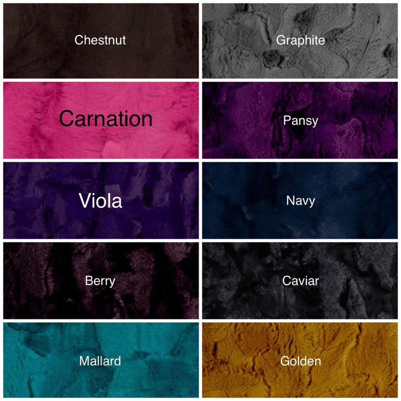 May include: A color chart with 10 different colors, each with a name. The colors are: Chestnut, Graphite, Carnation, Pansy, Viola, Navy, Berry, Caviar, Mallard, and Golden.