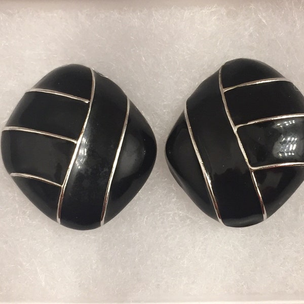 Black Vendome Earrings - Vintage Enamel Clip-On Earrings