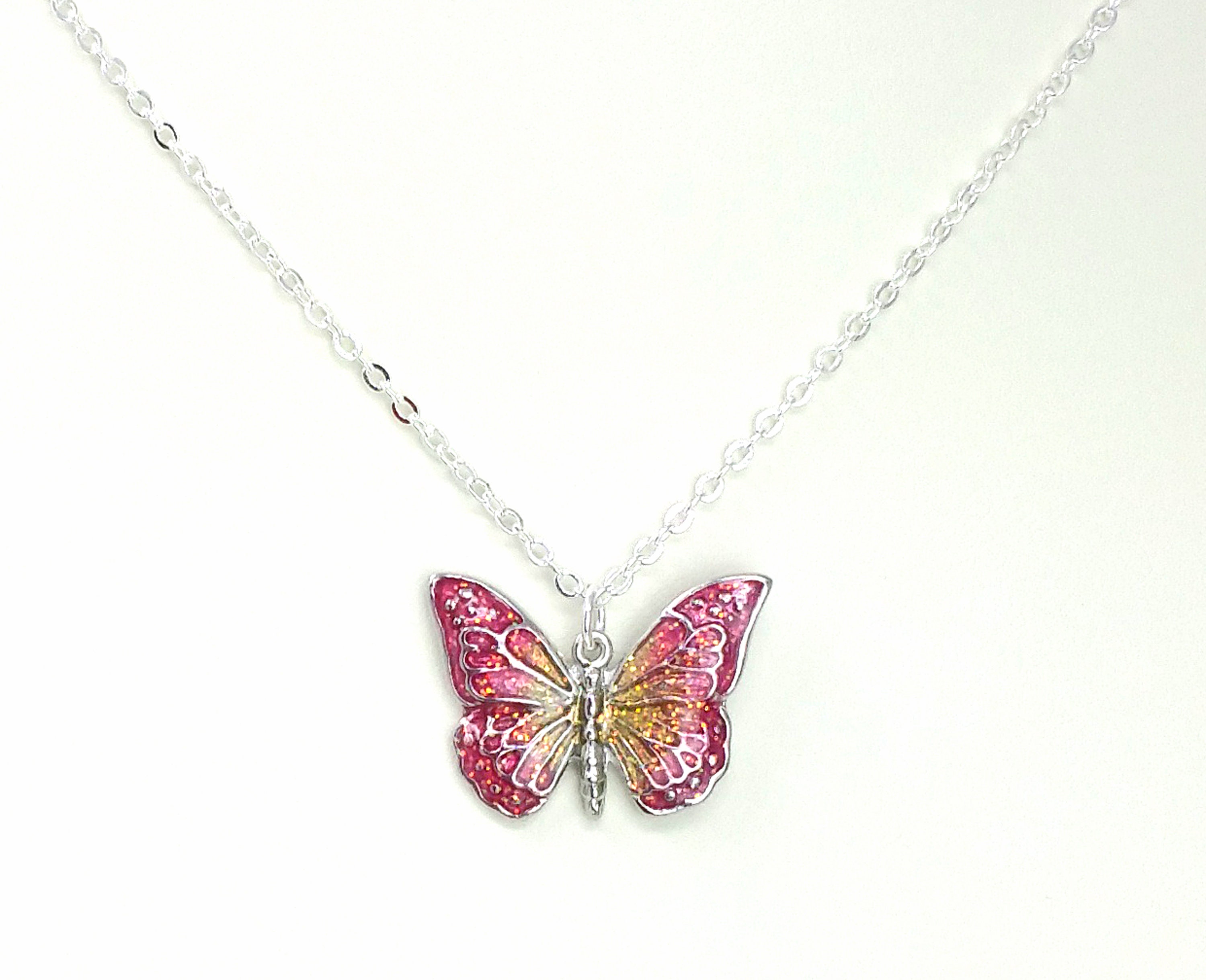 Children s Pink and Yellow Butterfly Pendant Necklace Glitter