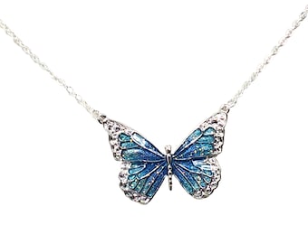 Blue Sparkle Butterfly Necklace, Butterfly Pendant, Butterfly Charm, Animal Charm