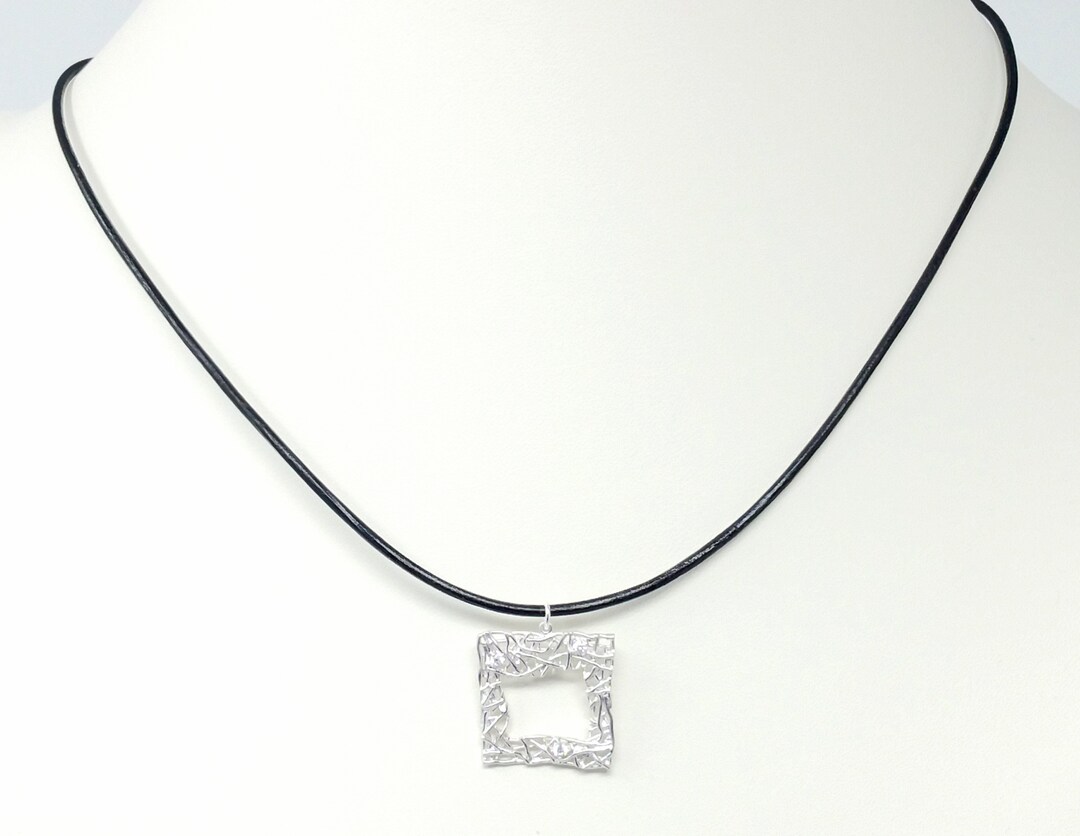 Meshed Square Necklace, Leather Necklace, Minimalist Necklace, Dainty