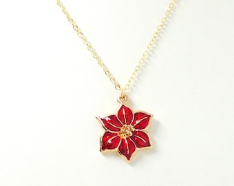Red Poinsettia Necklace, Flower Necklace, Christmas Necklace, Holiday Necklace, Floral Necklace